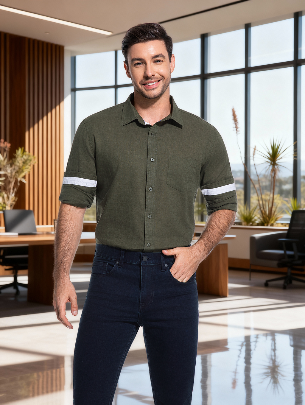Jeanswest Men's Linen Cotton Blend Shirt |MSI-18331 Long Sleeve Button Down |Ivy Green | Casual Office | 70% Cotton 30% Linen |