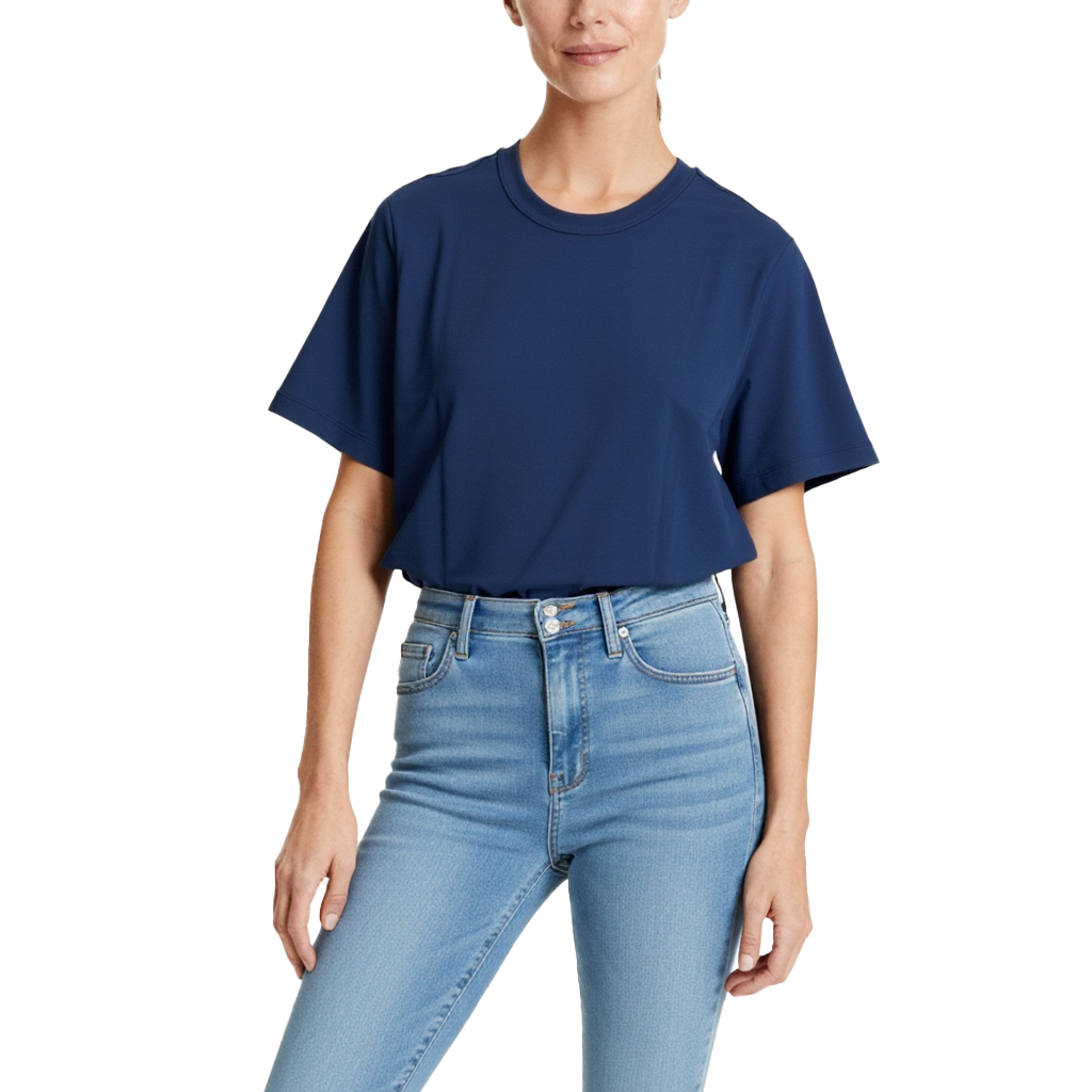 Jeanswest Women's 100% Cotton Crew Neck Tee | WTO-15646 Classic Short Sleeve T-Shirt | Navy White | Essential Basic |