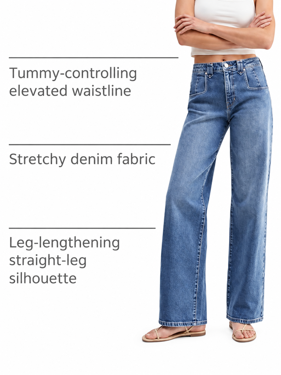 Mid High Rise Baggy Straight Leg Denim Pants