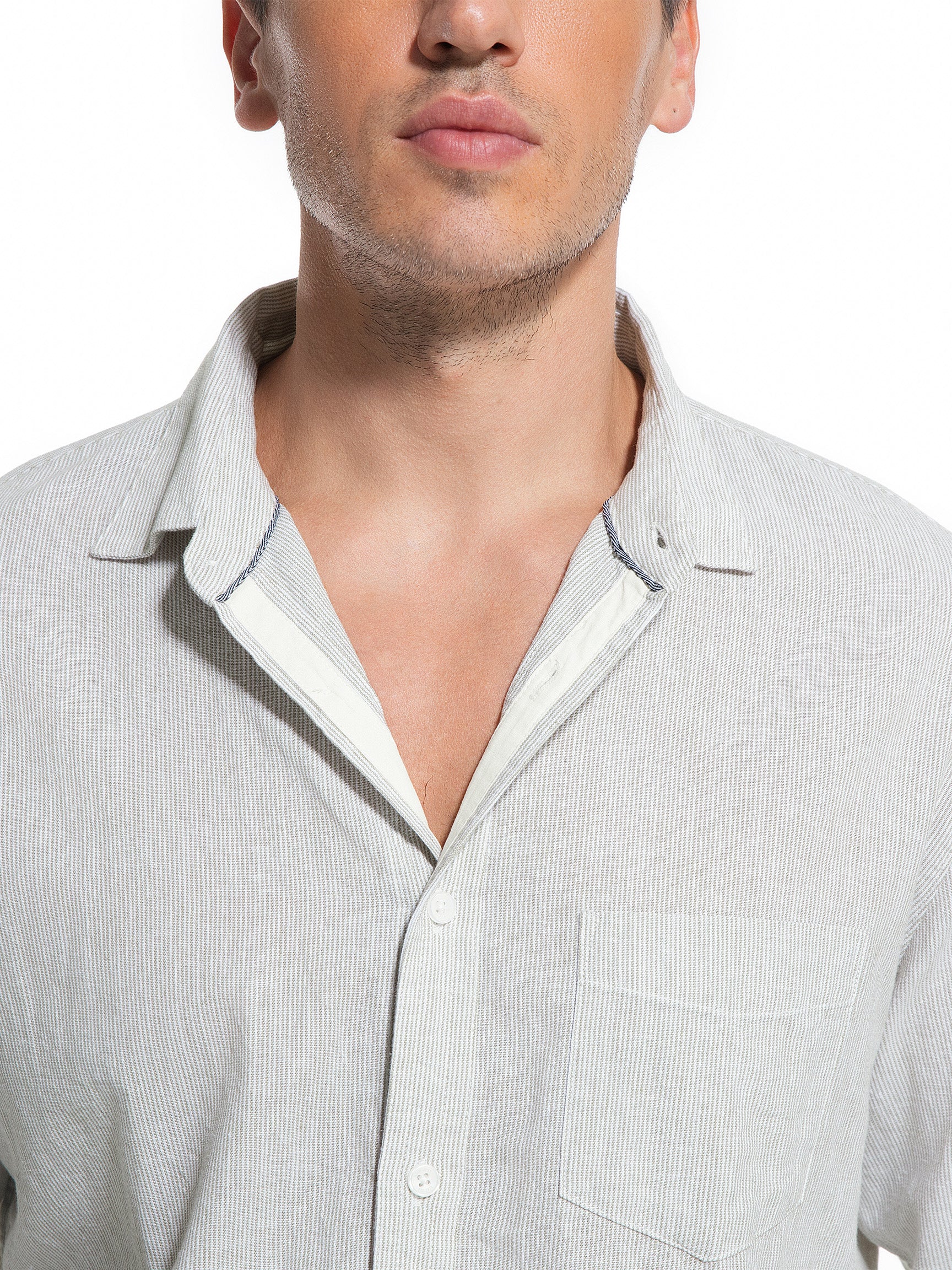 Jeanswest Men's Striped Linen Cotton Shirt | MSI-18332-01/03 Long Sleeve Button Down |Ink Green Stripe | 70% Cotton 30% Linen |