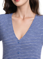 Jeanswest Women's Textured V-Neck Tee | WTO-18306 Short Sleeve Cotton Blend | Striped T-Shirt | Casual Friday