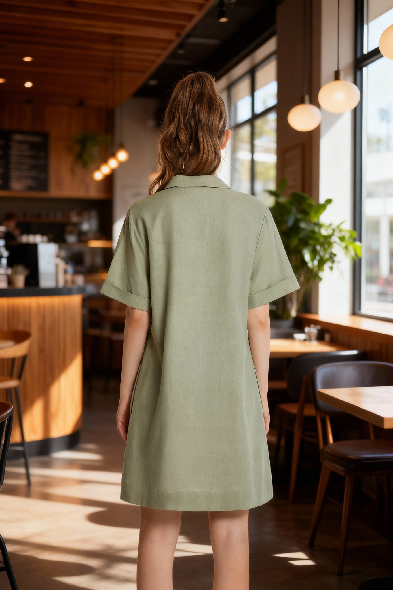 Jeanswest Women's Linen Shirt Dress | WDR-18409-02 Short Sleeve Knee Length | Sage Green Dress | AU |