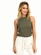 Jeanswest Women's Ribbed Tank Top | WTO-18099 Cotton Blend Sleeveless | Moss Green Layering Basic