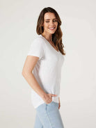 Jeanswest Women's 100% Cotton V-Neck Tee | WTO-14656 Short Sleeve T-Shirt | White Blue | Slub Texture Basic |