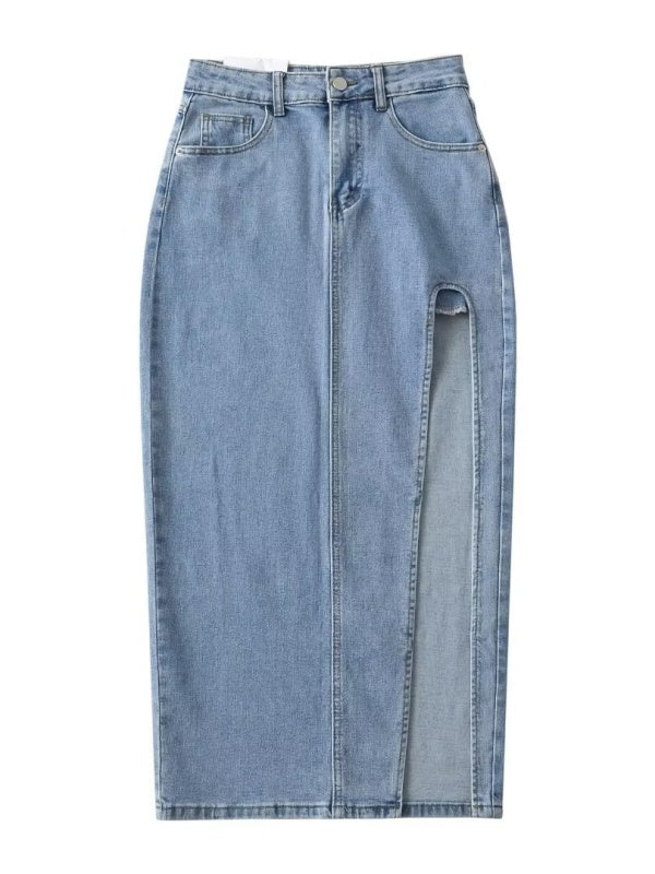High Waist Side Slit Denim Maxi Skirt