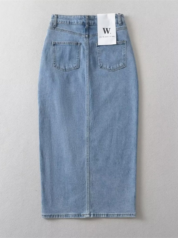 High Waist Side Slit Denim Maxi Skirt