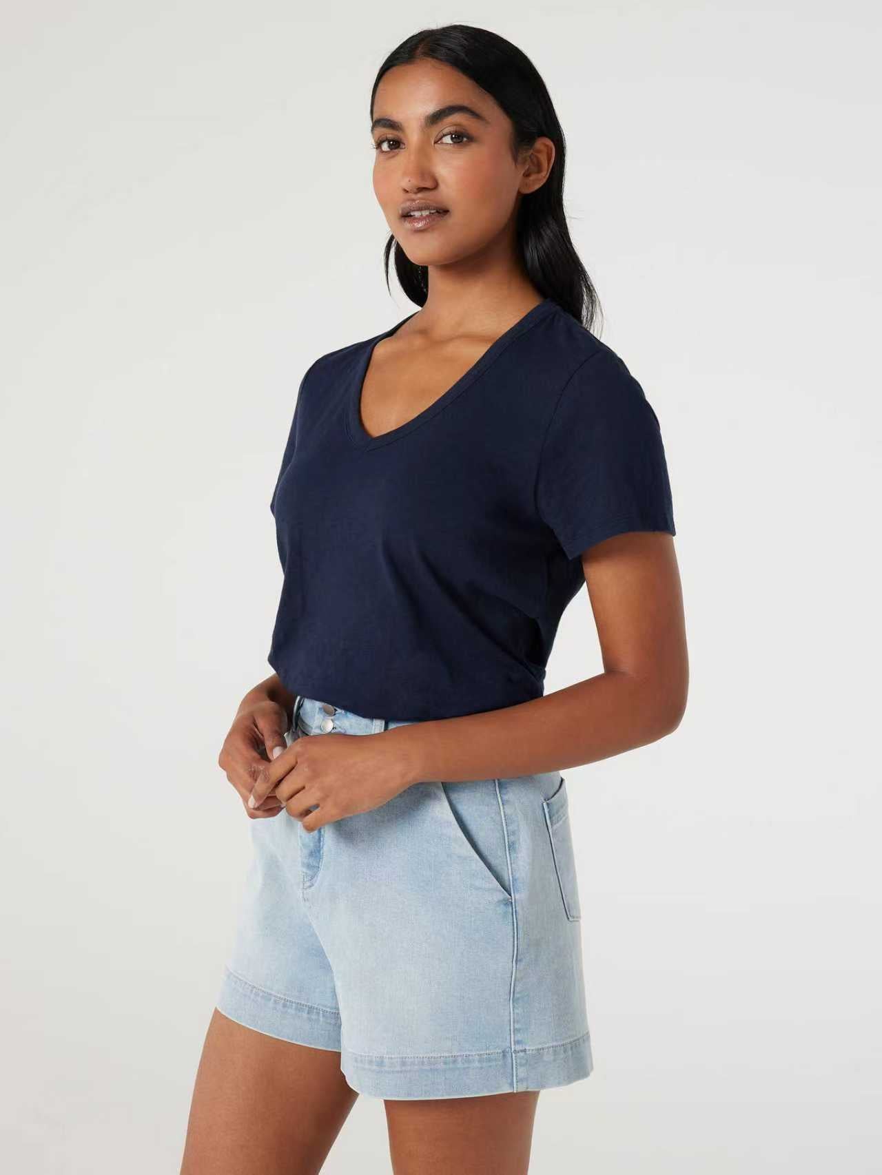 Jeanswest Women's 100% Cotton V-Neck Tee | WTO-14656 Short Sleeve T-Shirt | White Blue | Slub Texture Basic |