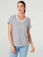 Jeanswest Women's 100% Cotton V-Neck Tee | WTO-14656 Short Sleeve T-Shirt | White Blue | Slub Texture Basic |