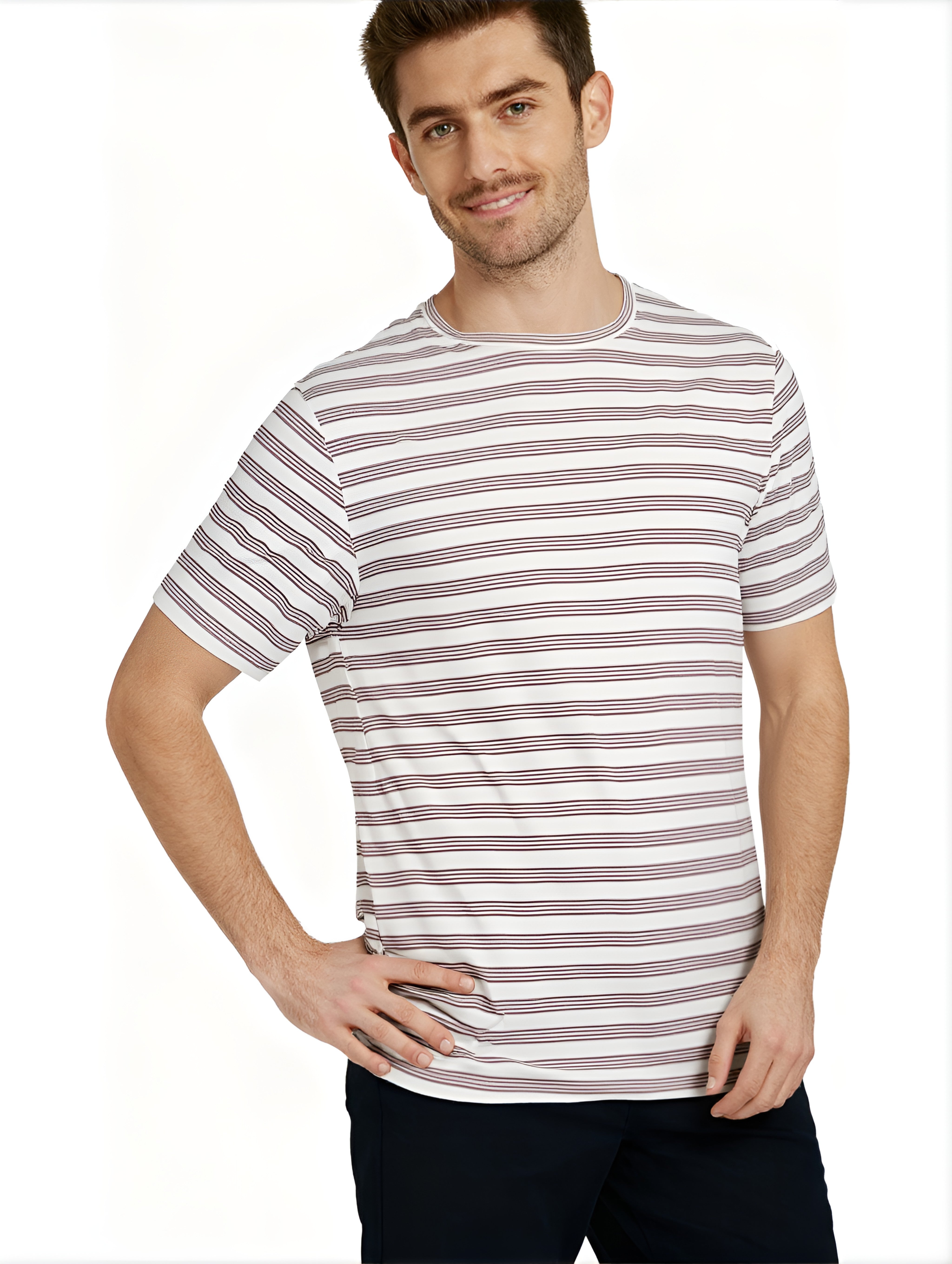 Jeanswest Men's Textured Stripe Cotton Tee | MUC-18334 Stretch Crew Neck | Red Stripe T-Shirt | Casual Short Sleeve |