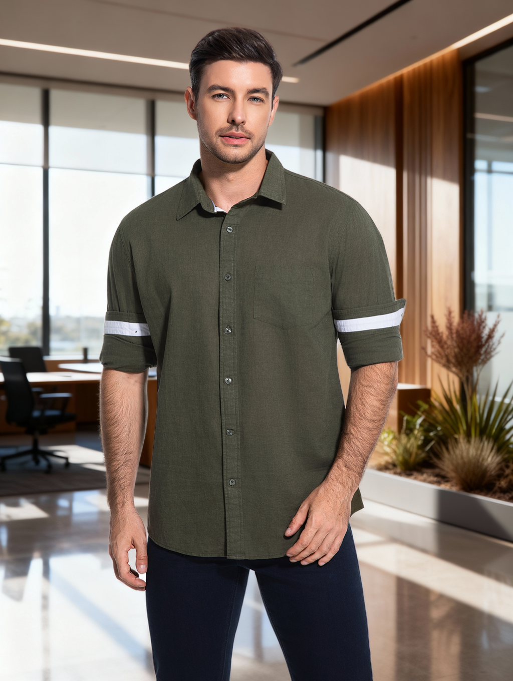 Jeanswest Men's Linen Cotton Blend Shirt |MSI-18331 Long Sleeve Button Down |Ivy Green | Casual Office | 70% Cotton 30% Linen |