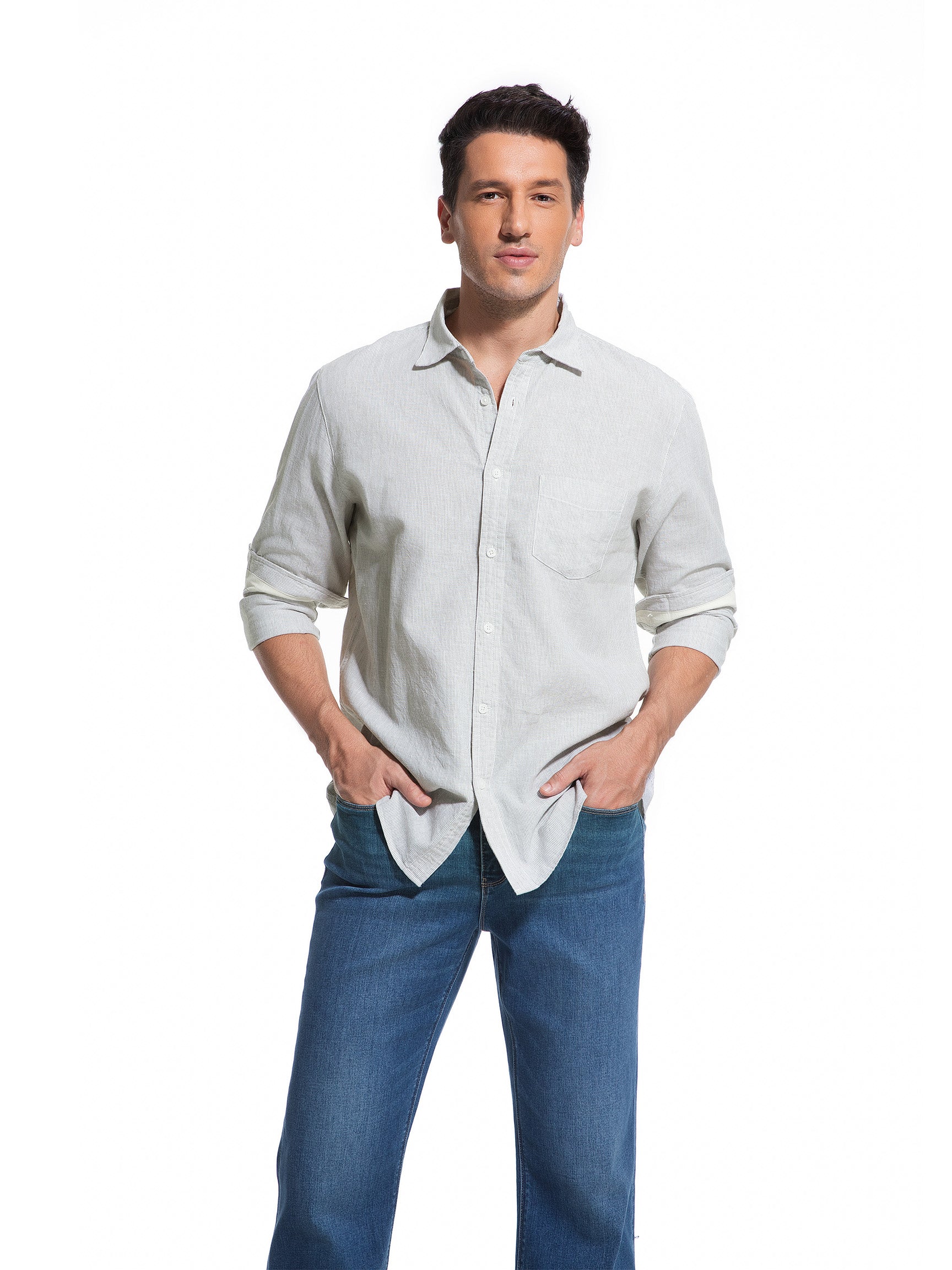 Jeanswest Men's Striped Linen Cotton Shirt | MSI-18332-01/03 Long Sleeve Button Down |Ink Green Stripe | 70% Cotton 30% Linen |