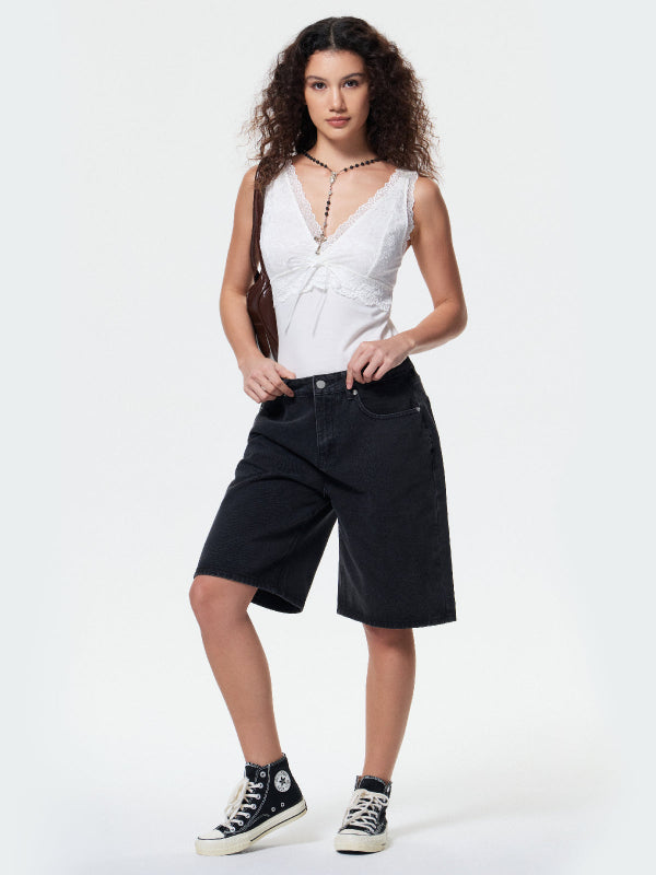 High Waist Straight Leg Denim Shorts