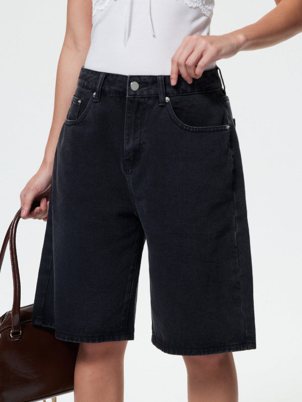 High Waist Straight Leg Denim Shorts