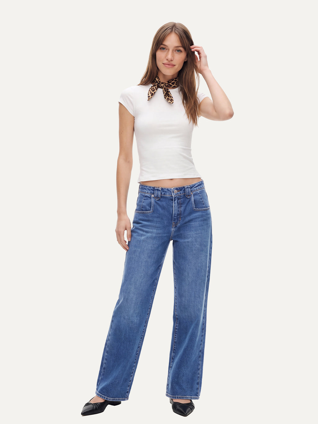 Mid High Rise Baggy Straight Leg Denim Pants