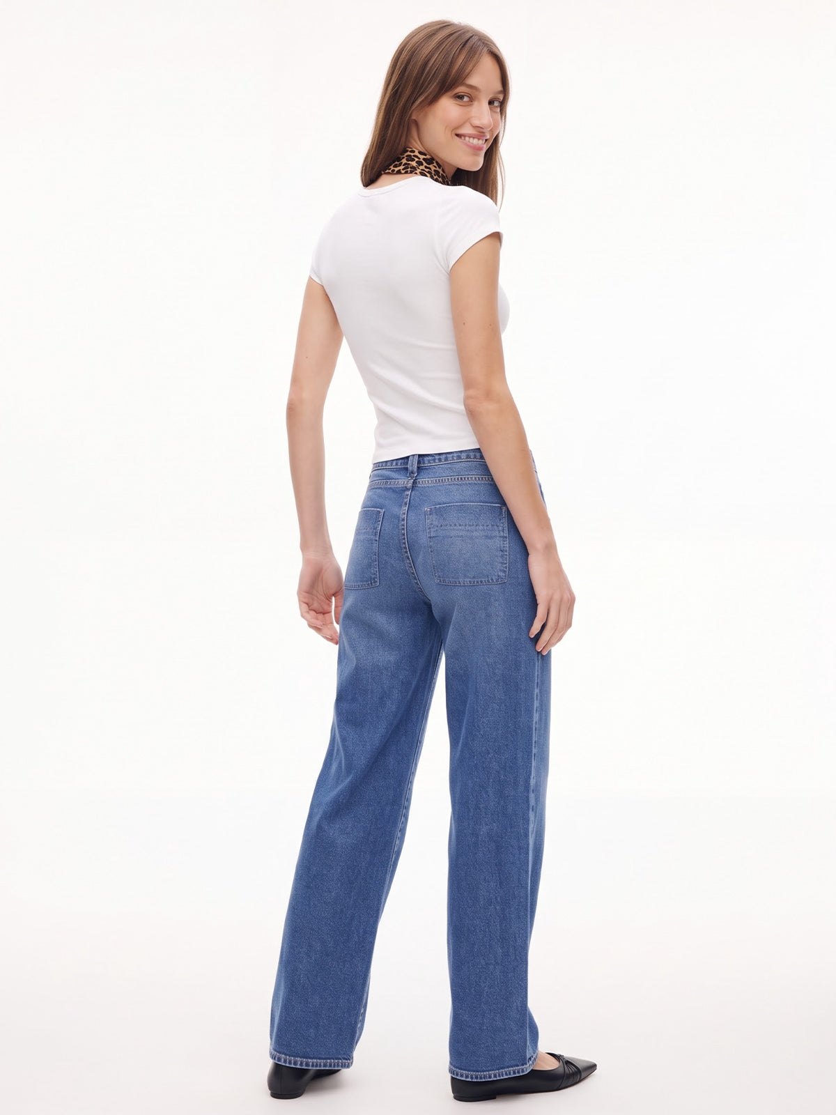 Mid High Rise Baggy Straight Leg Denim Pants