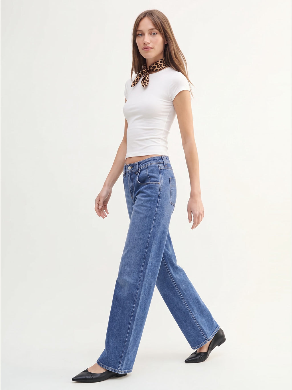 Mid High Rise Straight Leg Denim Pants