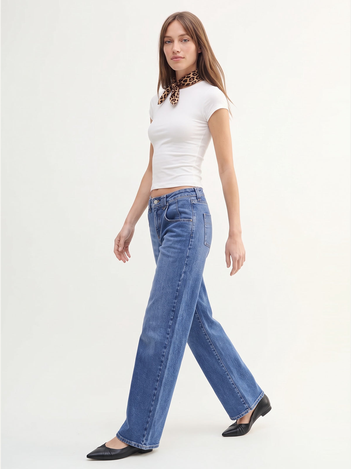 Mid High Rise Straight Leg Denim Pants