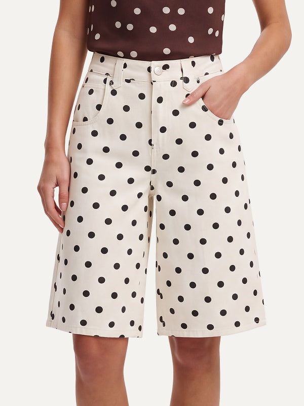 Women's Polka Dot Wide-Leg Bermuda Denim Shorts