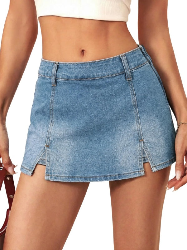 Mid Waisted Side Zipper Denim Skort