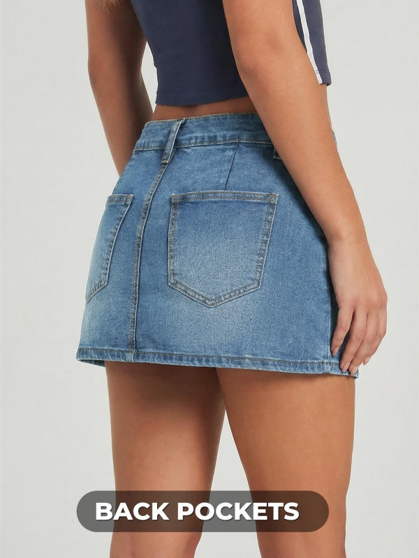 Mid Waisted Side Zipper Denim Skort
