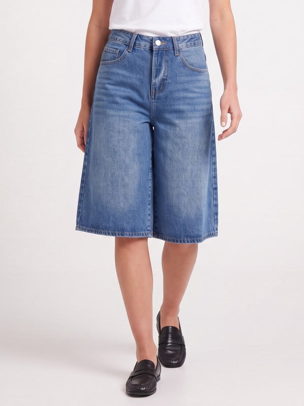 Women's Wide-Leg Longline Denim Shorts