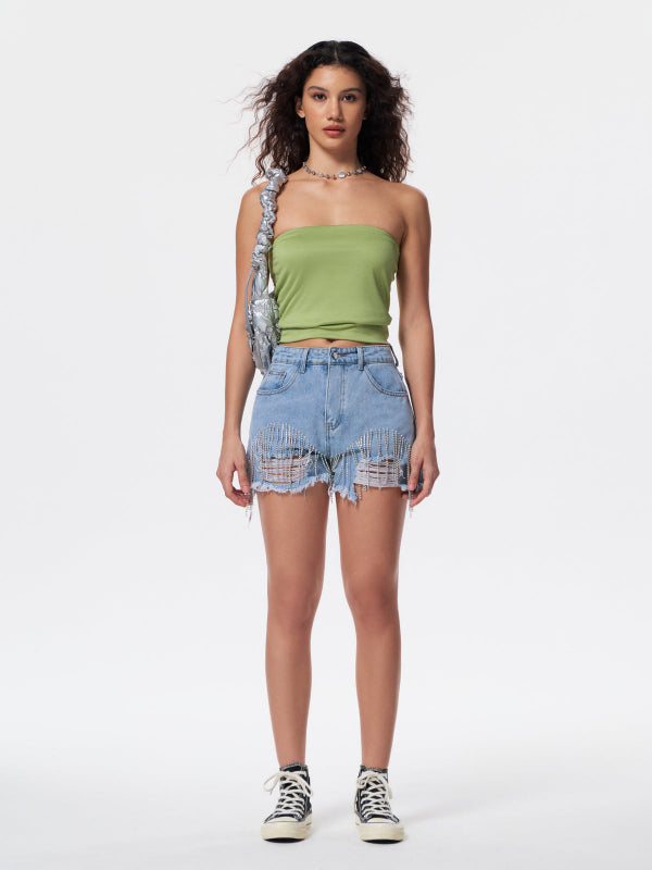 Women's Ripped Rhinestone Fringe Denim Shorts