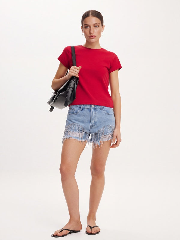 Women's Ripped Rhinestone Fringe Denim Shorts