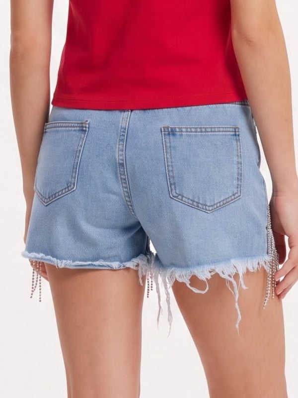 Women's Ripped Rhinestone Fringe Denim Shorts