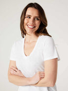Jeanswest Women's 100% Cotton V-Neck Tee | WTO-14656 Short Sleeve T-Shirt | White Blue | Slub Texture Basic |