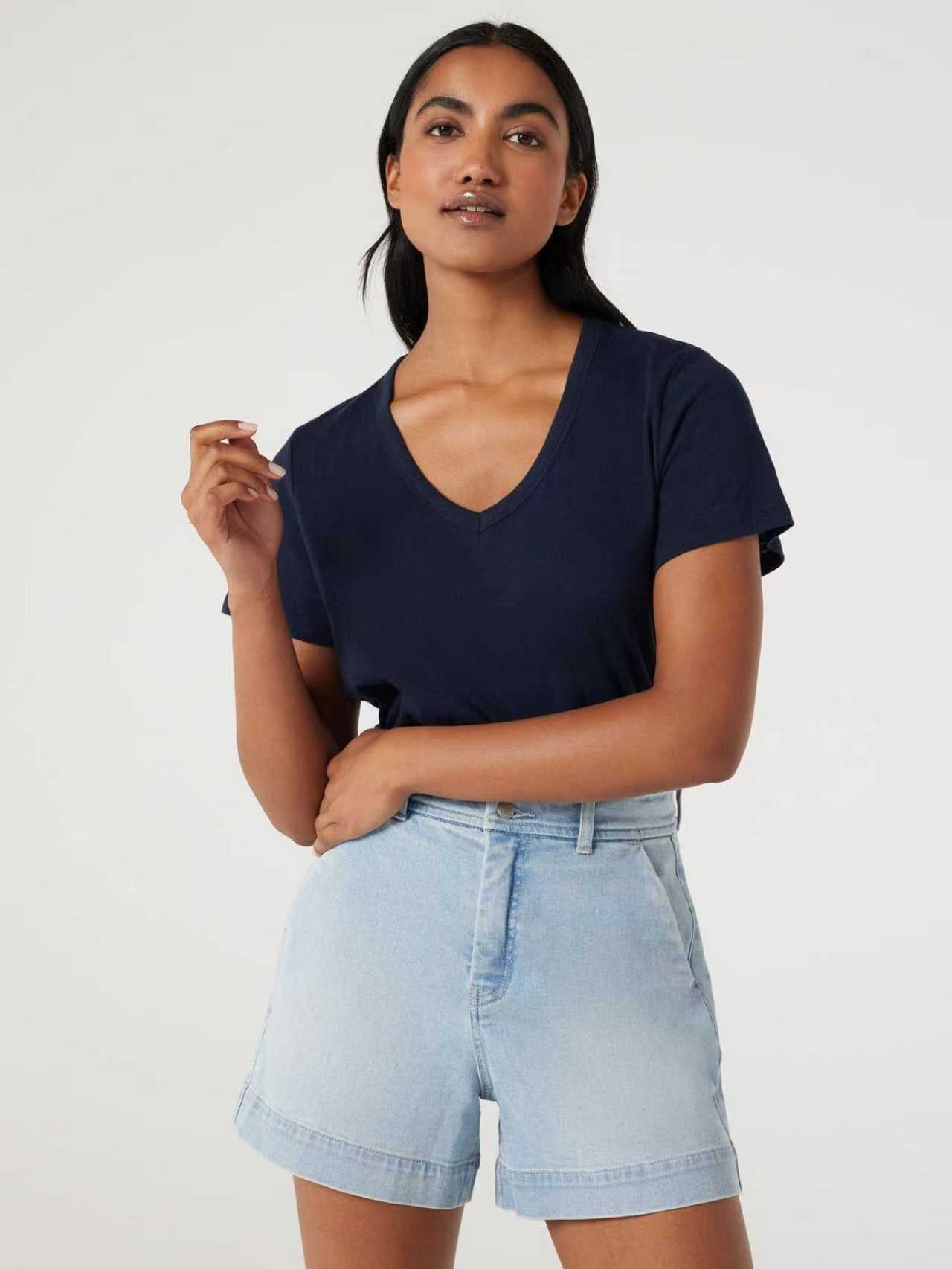 Jeanswest Women's 100% Cotton V-Neck Tee | WTO-14656 Short Sleeve T-Shirt | White Blue | Slub Texture Basic |