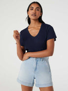 Jeanswest Women's 100% Cotton V-Neck Tee | WTO-14656 Short Sleeve T-Shirt | White Blue | Slub Texture Basic |