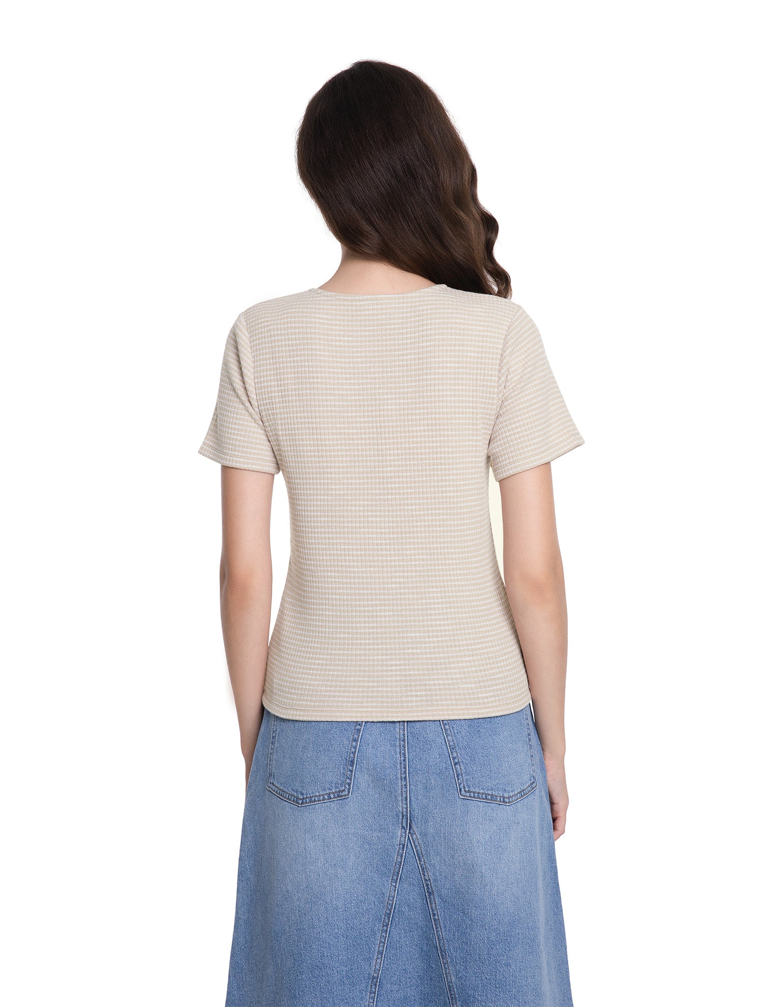 Jeanswest Women's Textured V-Neck Tee | WTO-18306 Short Sleeve Cotton Blend | Striped T-Shirt | Casual Friday