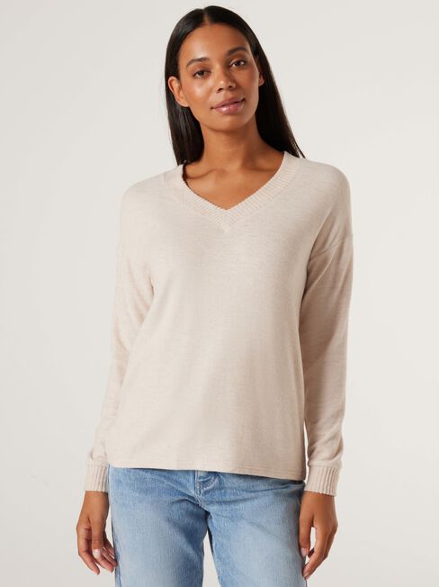 Viv V-Neck Soft Touch Top, Oatmeal, hi-res