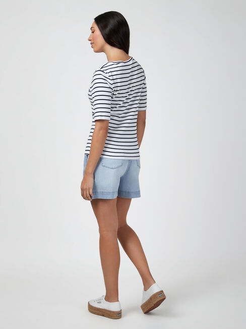 Rib Elbow Sleeve Boatneck Tee, Stripe, hi-res
