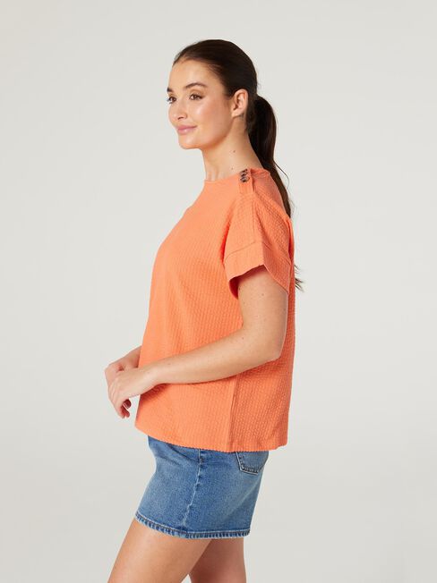 Louise Textured Button Detail Tee, Orange, hi-res