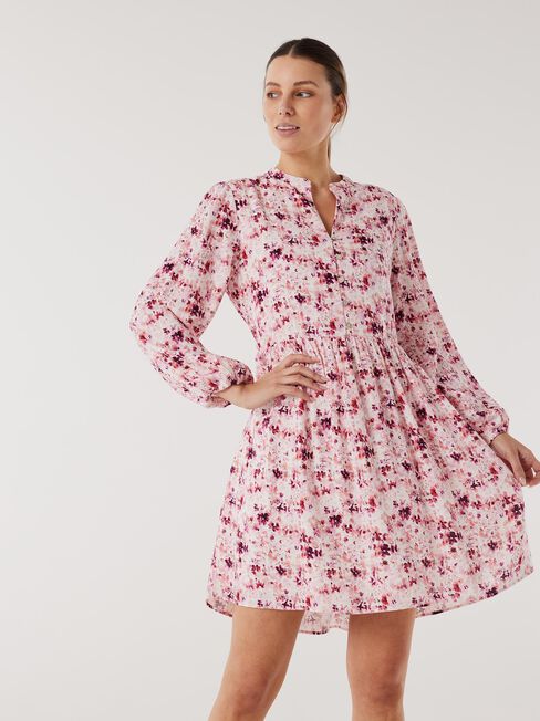 Rubia Button Front Dress, Watercolour Floral, hi-res
