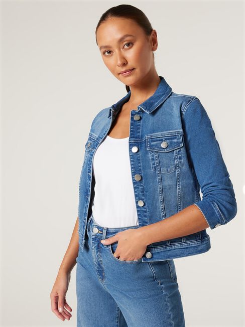 Classic Stretch Denim Jacket, Mid Blue, hi-res