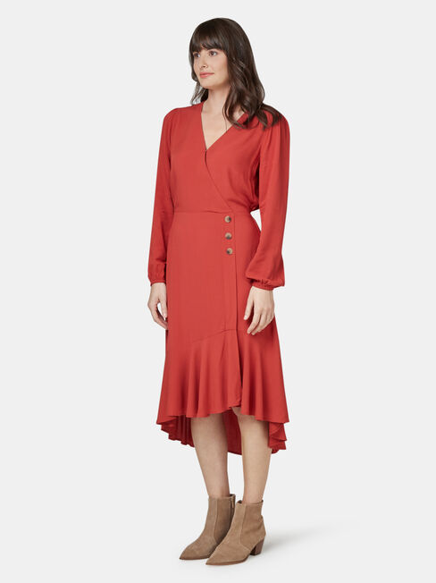 Sandy Concave Long Sleeve Dress, Red, hi-res