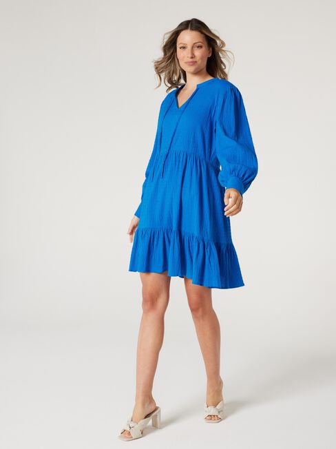 Ellay Tie Neck Blouson Slv Dress, Blue, hi-res