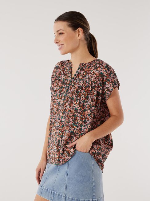 Heather Button Front Top, Floral, hi-res