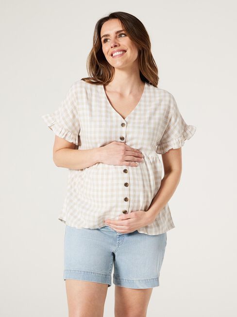 CONNIE  BUTTON THROUGH MATERNITY TOP, Oatmeal, hi-res