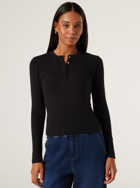 J-Luxe Henley Top, Black, hi-res