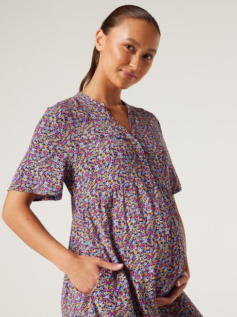 Floral Half Button Maternity Dress, Floral Multi, hi-res