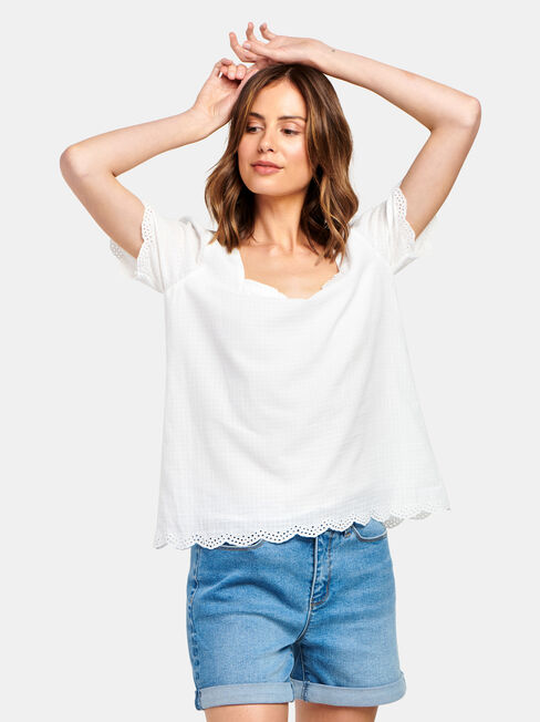 Sara Square Neck Textured Top, White, hi-res