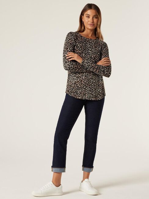 Sophia Soft Touch Curve Hem Pullover, Camel Leopard, hi-res