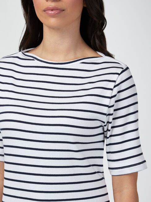 Rib Elbow Sleeve Boatneck Tee, Stripe, hi-res