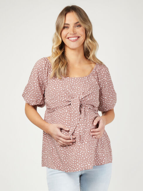 Charlie Maternity Tie Front Top, Brown, hi-res