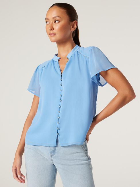 Cleo Button Front Top, Powder Blue, hi-res