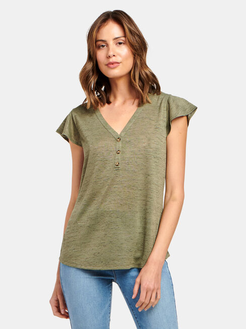 Milly Button Front Tee, Green, hi-res