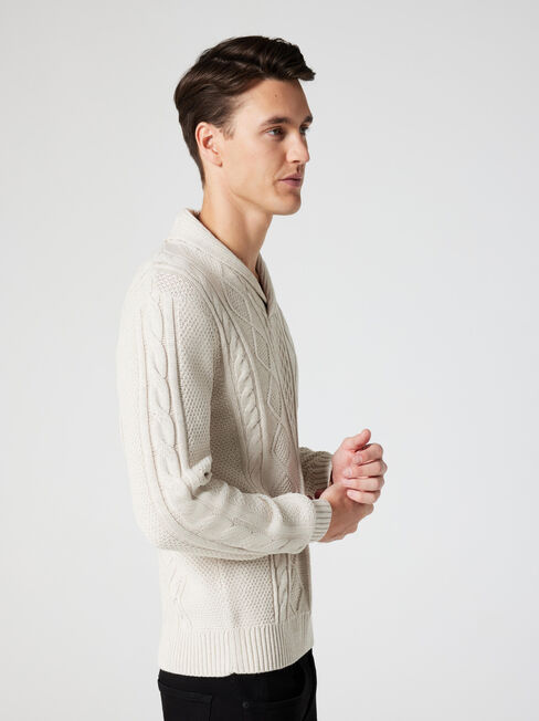 Moby Cable Shawl Neck Knit, Oatmeal Marle, hi-res
